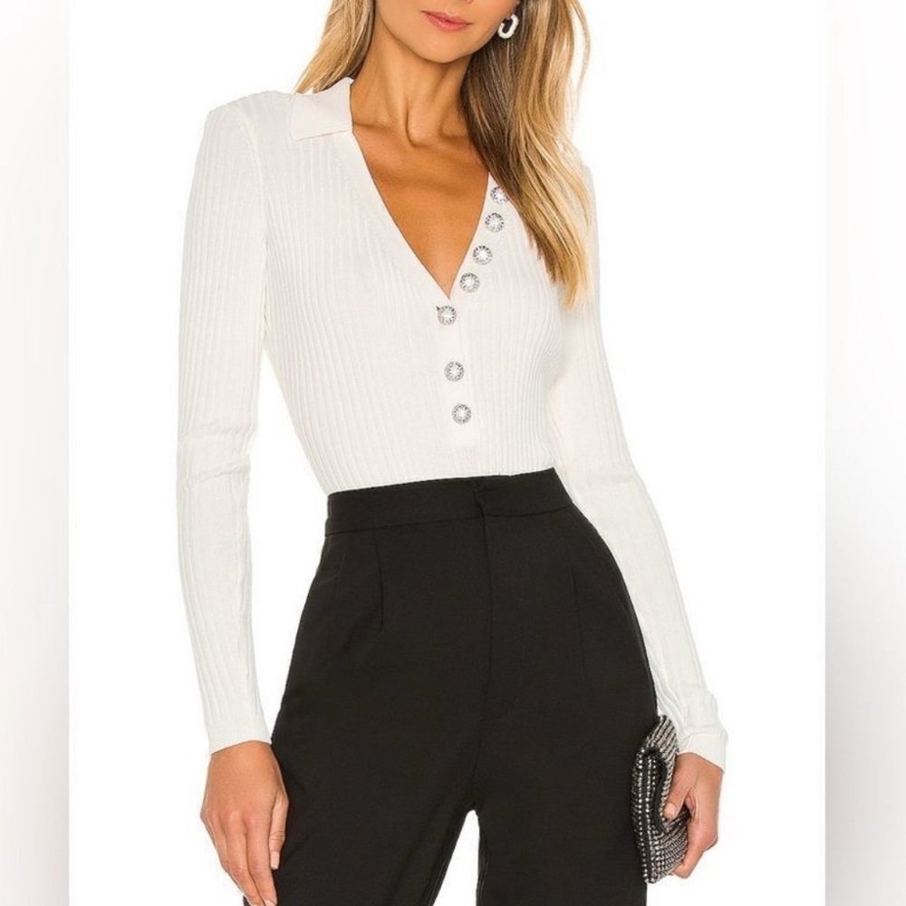 Ronny Kobo Collection White Ribbed V-Neck Bodysuit with Rhinestone Buttons